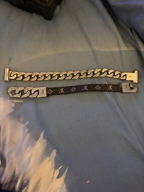 Louis Vuitton Brown Monogram Leather and Silver-Tone Chain Men’s Bracelet Duo